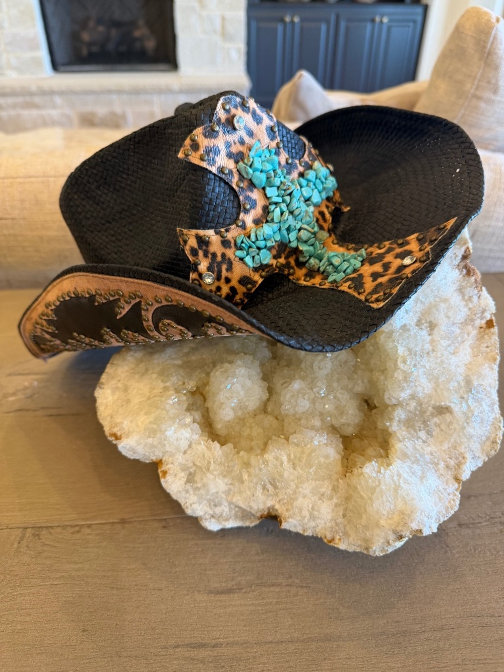 Peter Grimm Black Western Cowboy Hat Turquoise Cross Crown Studs Bling Cowgirl